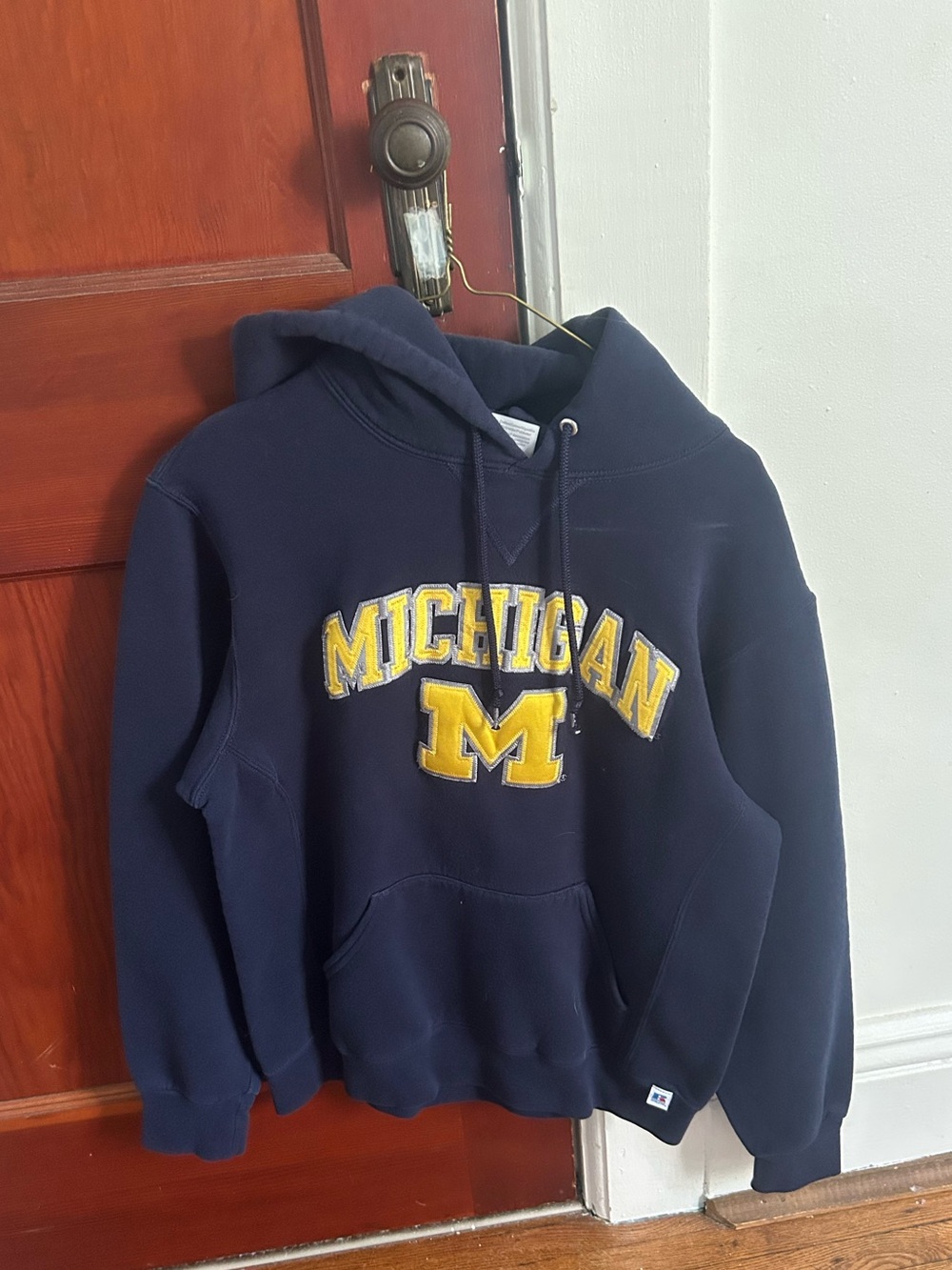 Michigan Arch Logo Navy Crewneck Sweatshirt with Yellow Applique